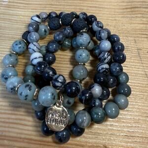 4 Beaded Stretch Bracelet Lot Black Gray Stone Boho Stackable